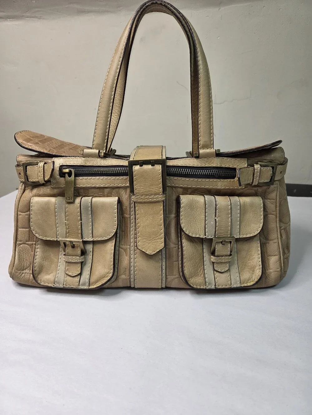 Carolina Herrera Beige Croc-Embossed Leather Satchel with Front Pockets